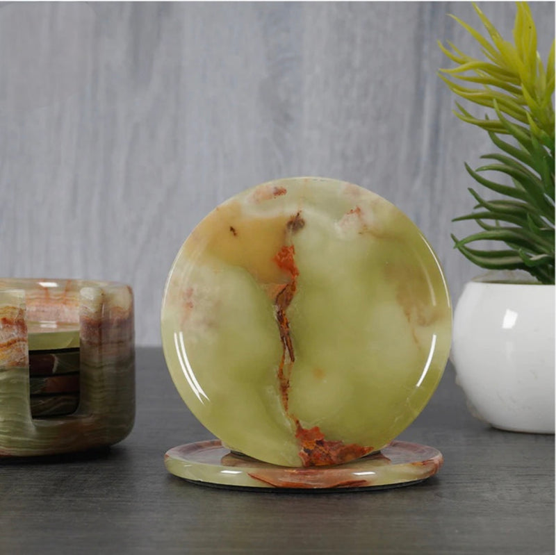 Round Marble Coasters In Holder Green