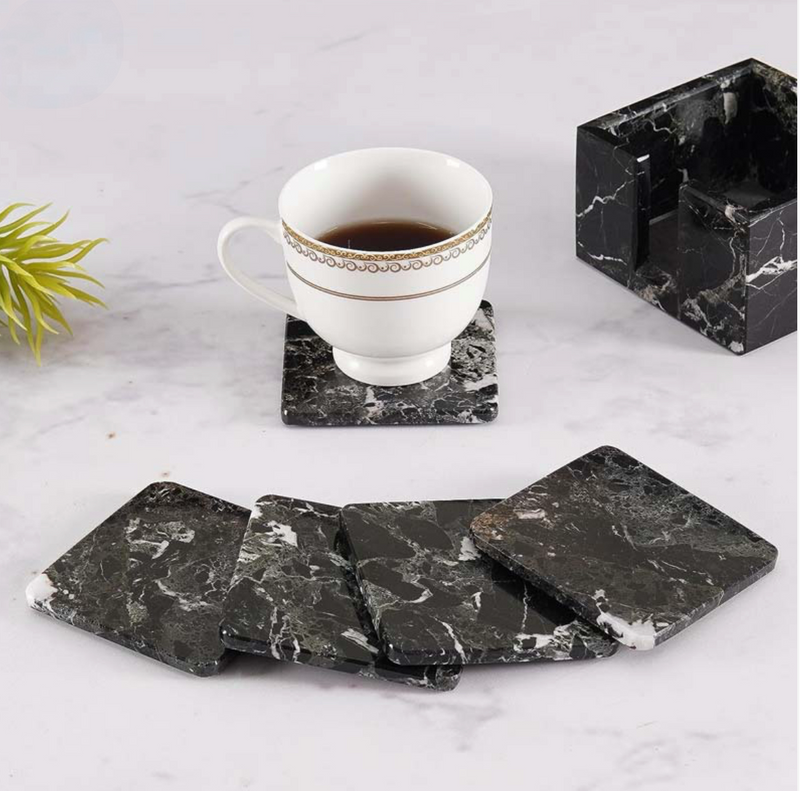 Marble Coasters In Holder Black